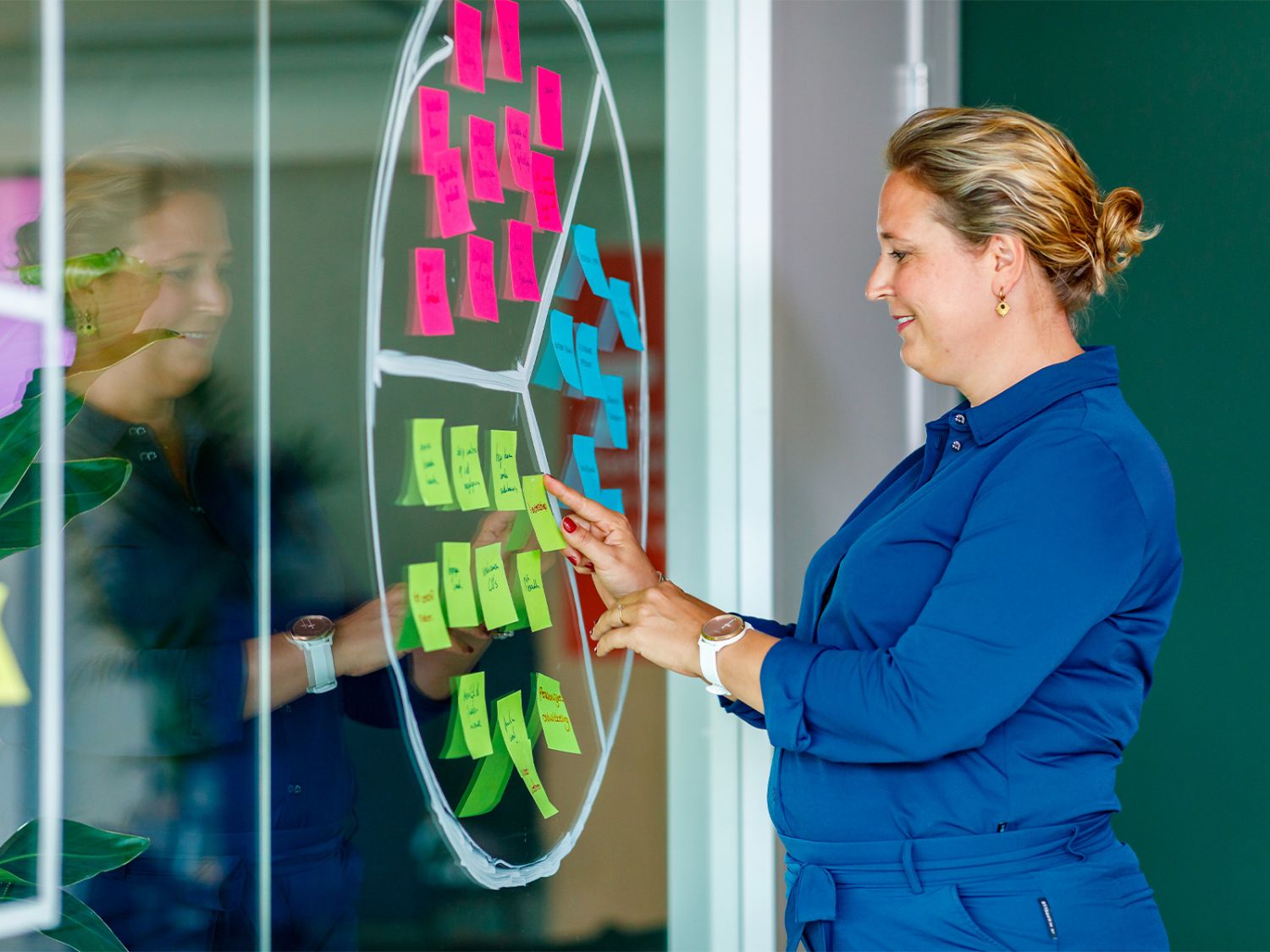 Accountstrateeg Monique plakt post-its op de glazen wand